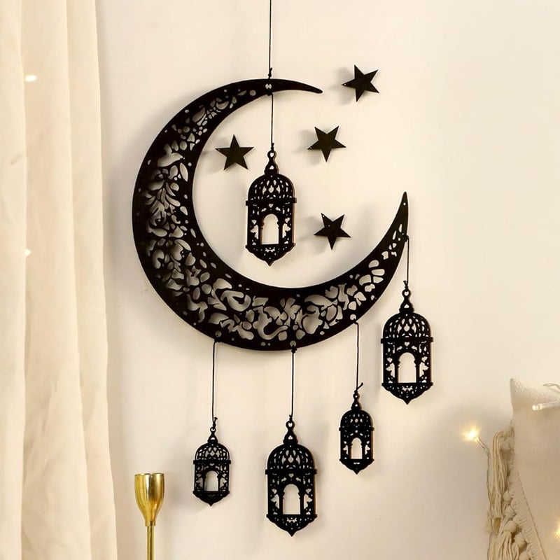 Artilady Ramadan Decorations 6Pcs Eid Decorations Wooden Eid Mubarak Pendant Novelty Black Hollow Moon Lanterns Hanging Ornaments Set for Islamic Muslim Wall DIY Home Decor Ramadan Gifts - Image 1