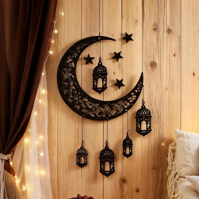 Artilady Ramadan Decorations 6Pcs Eid Decorations Wooden Eid Mubarak Pendant Novelty Black Hollow Moon Lanterns Hanging Ornaments Set for Islamic Muslim Wall DIY Home Decor Ramadan Gifts - Image 3