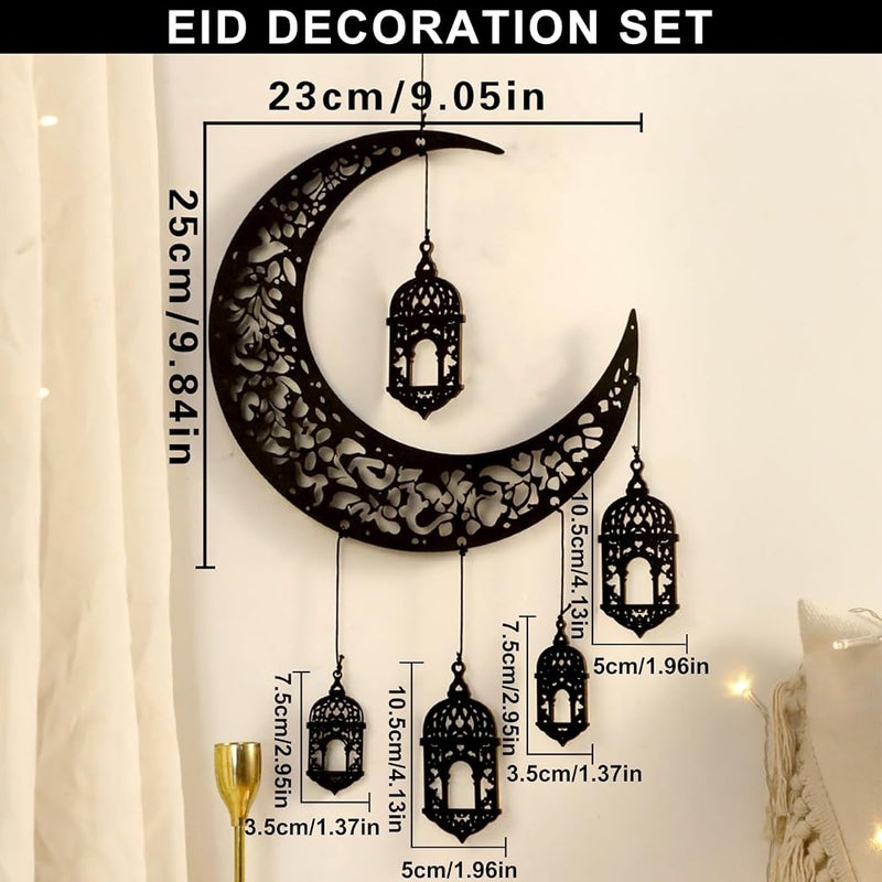 Artilady Ramadan Decorations 6Pcs Eid Decorations Wooden Eid Mubarak Pendant Novelty Black Hollow Moon Lanterns Hanging Ornaments Set for Islamic Muslim Wall DIY Home Decor Ramadan Gifts - Image 5