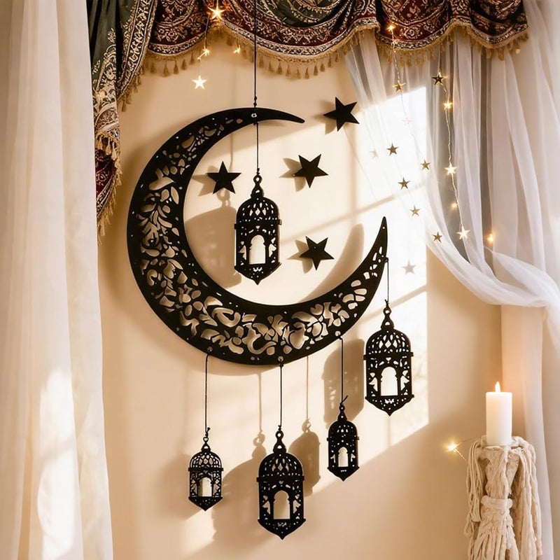 Artilady Ramadan Decorations 6Pcs Eid Decorations Wooden Eid Mubarak Pendant Novelty Black Hollow Moon Lanterns Hanging Ornaments Set for Islamic Muslim Wall DIY Home Decor Ramadan Gifts - Image 2