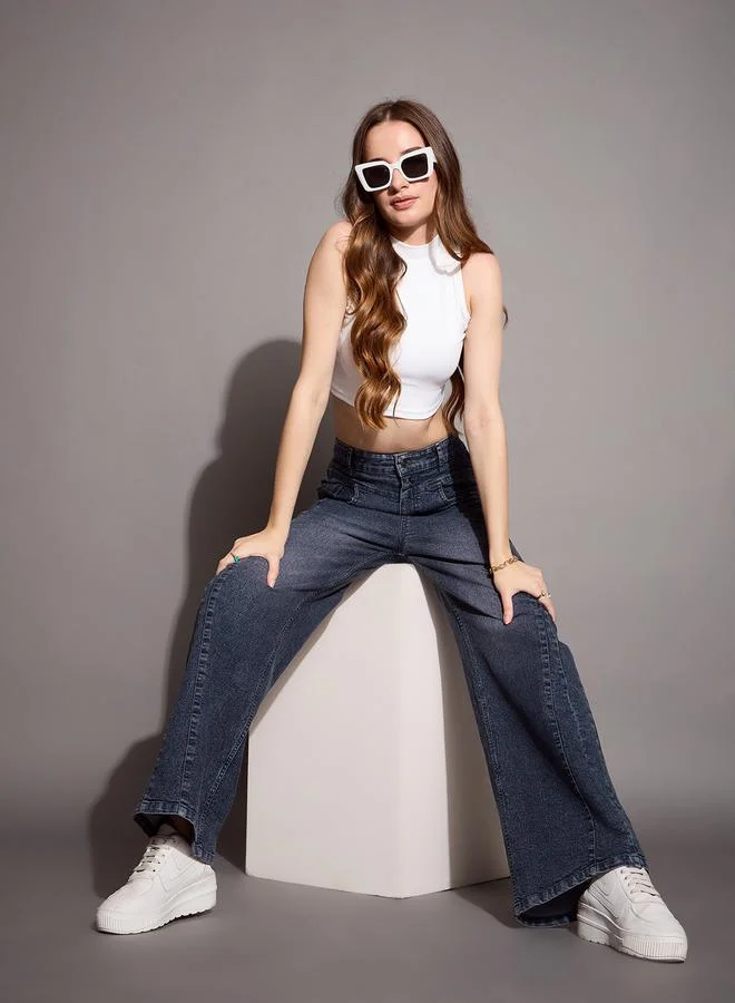 SASSAFRAS High Rise Wash Front Seam Straight Fit Jeans by Styli