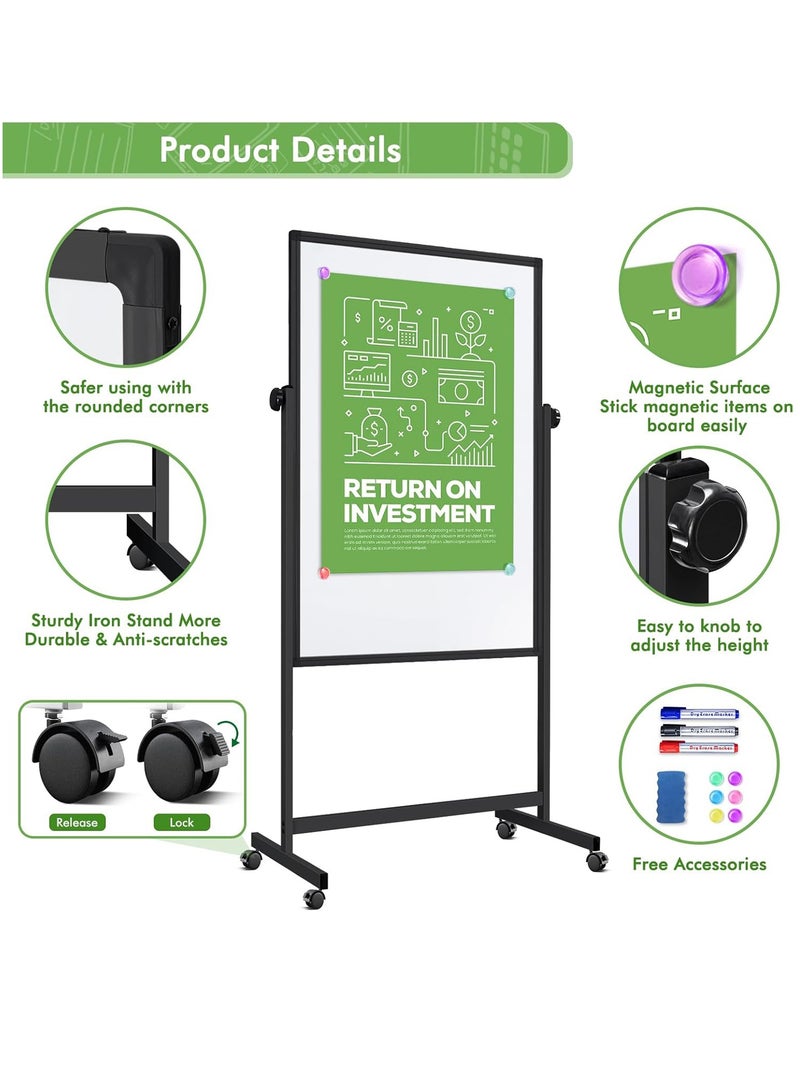 سبورة بيضاء مغناطيسية مزدوجة الوجه مع حامل – مقاس 60×100 سم، قابلة للتنقل وتعديل الارتفاع - Image 5