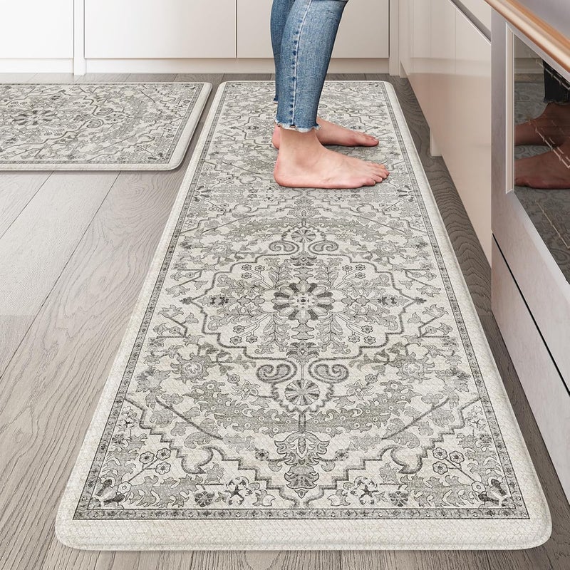 KIMODE Kitchen Mats Cushioned Anti Fatigue, 20"x47"+20"x32" Farmhouse Kitchen Rugs Sets of 2, Non Slip Kitchen Mats for Floor, Padded Kitchen Floor Mats for Sink, Laundry, Desk Grey - Image 1
