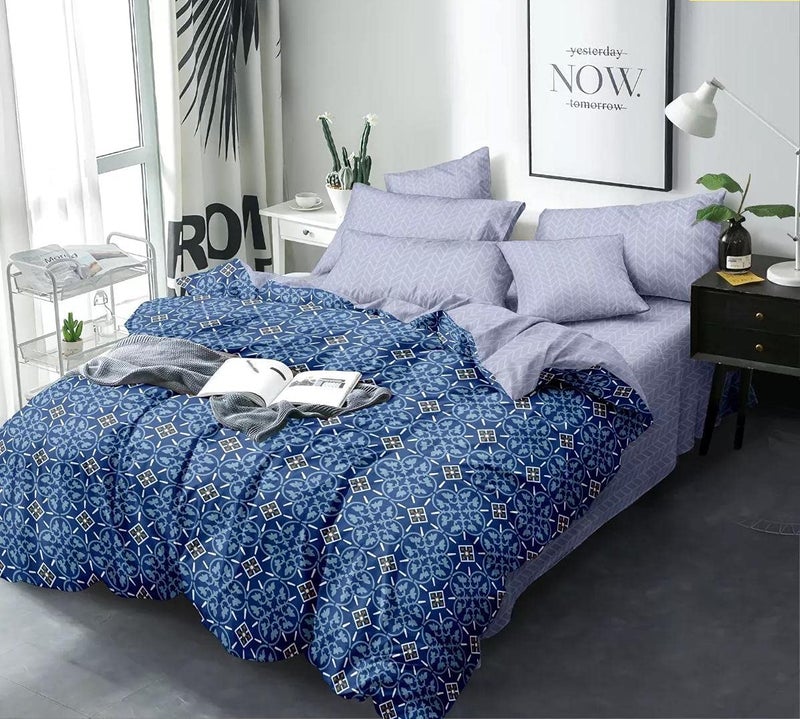 MORADO Premium Glace Cotton Geometric Design Duvet Cover - Double, Blue with Zipper - Image 1