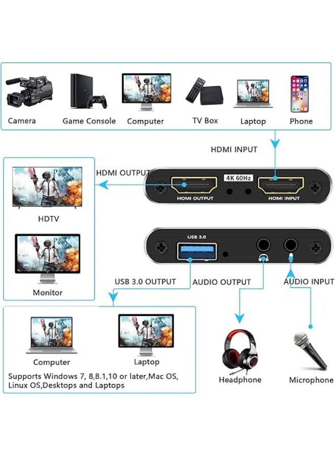 4K Video Capture Card HDMI to USB 3.0 Full HD 1080P 60fps Game Live Streaming Audio Video Grabber Box for PS5 Switch Camera PC Record - Image 4