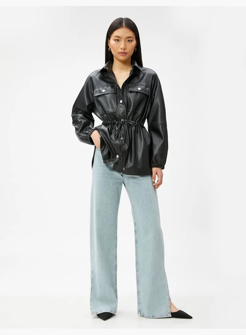 KOTON Shirred Waist Faux Leather Jacket