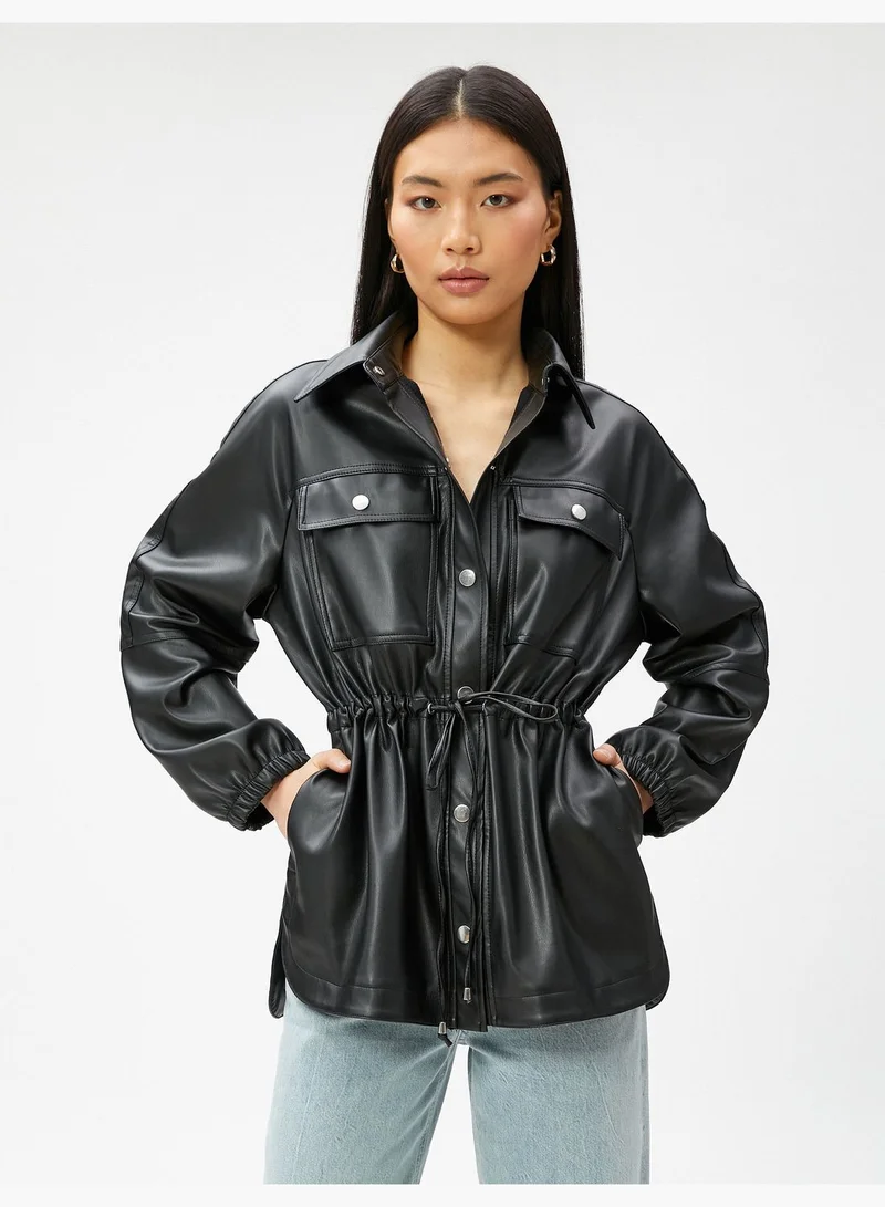KOTON Shirred Waist Faux Leather Jacket