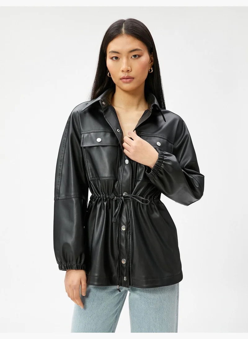 KOTON Shirred Waist Faux Leather Jacket