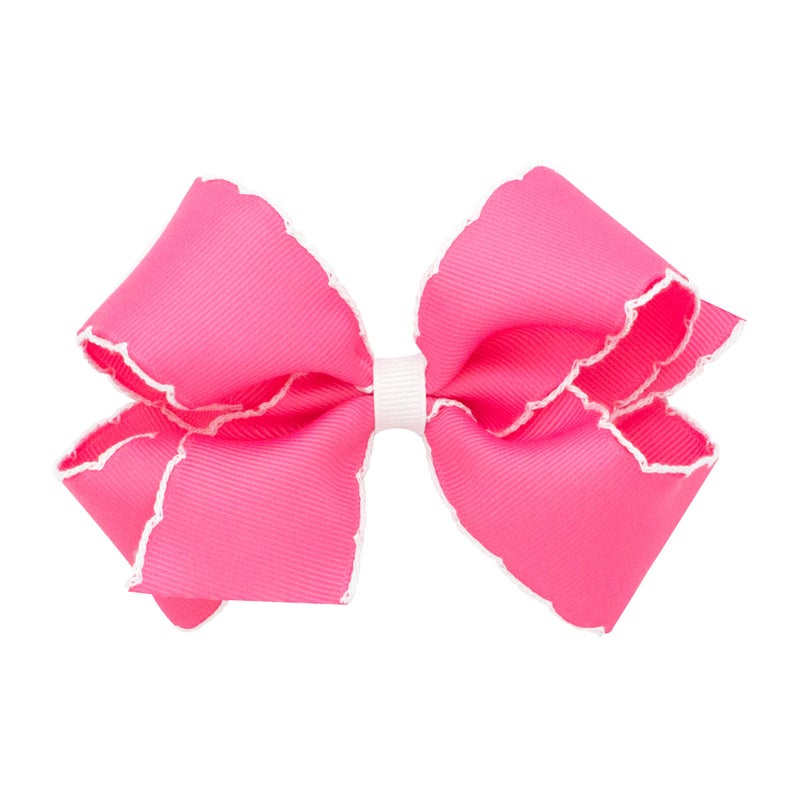 Wee Ones Girls' Classic Grosgrain Moonstitch Edge Hair Bow on a WeeStay Hair Clip, Contrasting Edge, Medium, Hot Pink w/White Stitching - Image 1