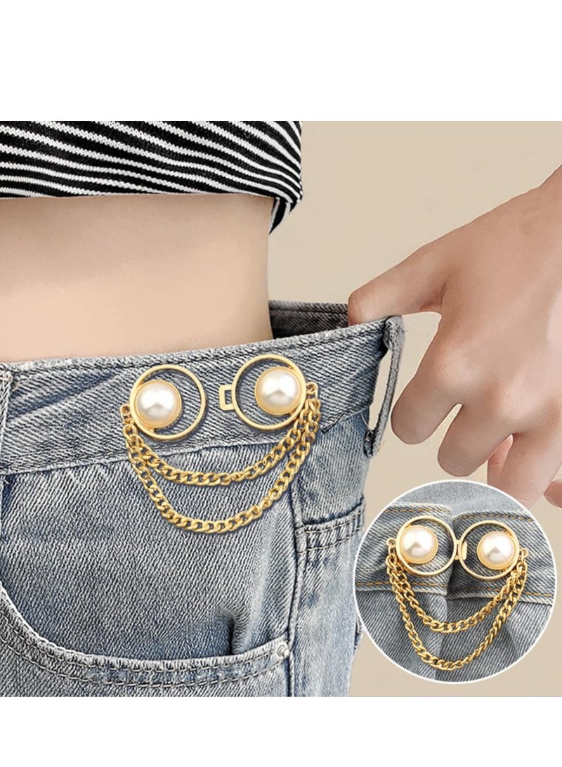 Excefore 4 Pairs Pearl Chain Button Pins for Loose Jeans,No Sewing Adjustable Detachable Decorative Waist Buckles Jeans Fit Tighten Buckles (gold chain) - Image 3