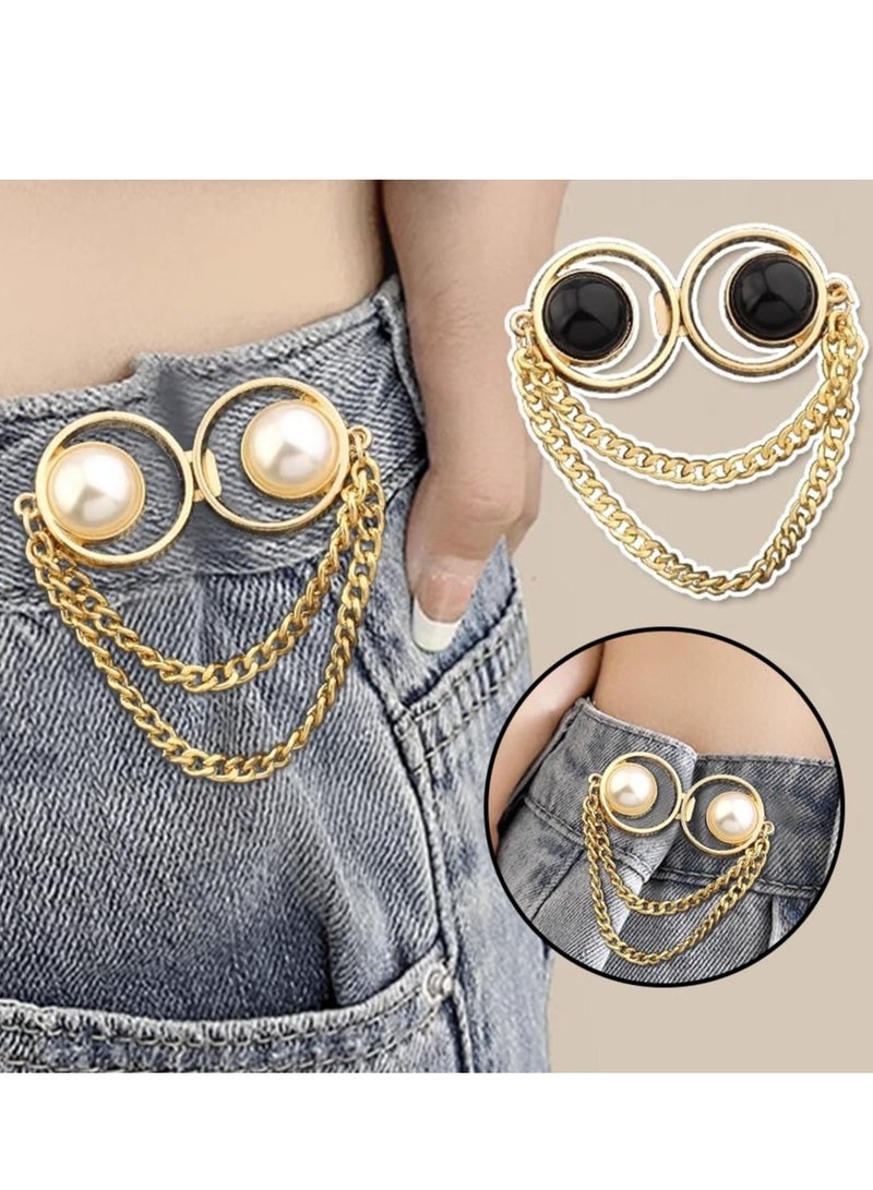 Excefore 4 Pairs Pearl Chain Button Pins for Loose Jeans,No Sewing Adjustable Detachable Decorative Waist Buckles Jeans Fit Tighten Buckles (gold chain) - Image 4
