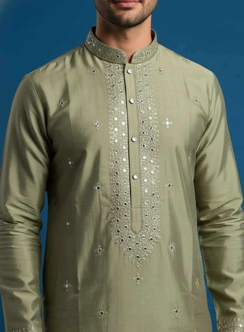 Lehar Olive Green Mirror Work Silk Blend Kurta for Men