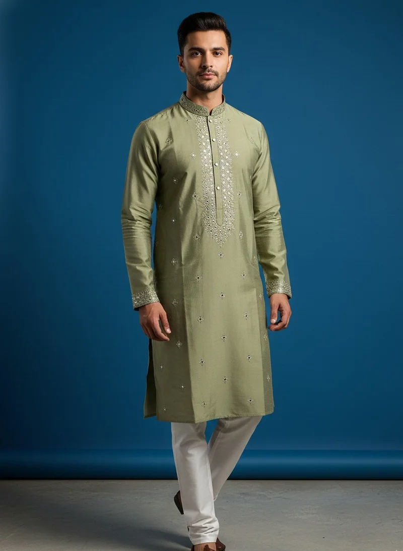 Lehar Olive Green Mirror Work Silk Blend Kurta for Men