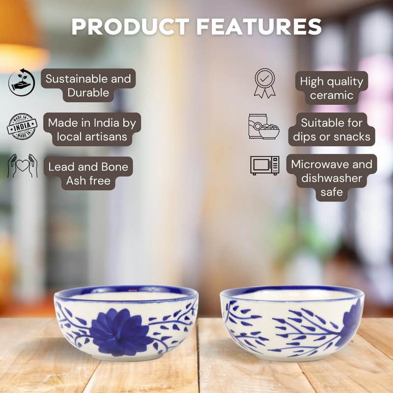 Green Route Indigo Floral Ceramic Bowl Set of 2-200 ML Ceramic Bowls with Elegant Floral Design | White Base | Ideal for Serving Snacks | Desserts | and Small Portions - Image 3