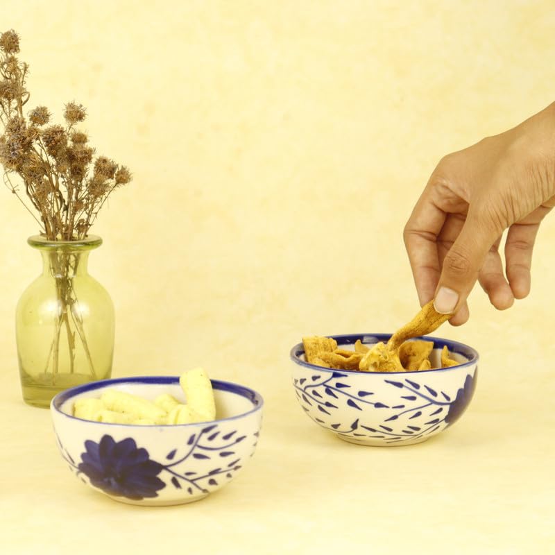 Green Route Indigo Floral Ceramic Bowl Set of 2-200 ML Ceramic Bowls with Elegant Floral Design | White Base | Ideal for Serving Snacks | Desserts | and Small Portions - Image 2