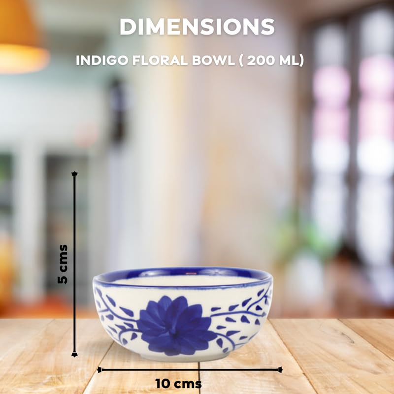 Green Route Indigo Floral Ceramic Bowl Set of 2-200 ML Ceramic Bowls with Elegant Floral Design | White Base | Ideal for Serving Snacks | Desserts | and Small Portions - Image 4