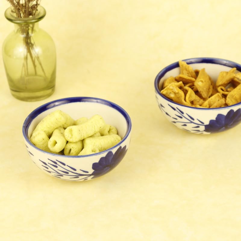 Green Route Indigo Floral Ceramic Bowl Set of 2-200 ML Ceramic Bowls with Elegant Floral Design | White Base | Ideal for Serving Snacks | Desserts | and Small Portions - Image 1