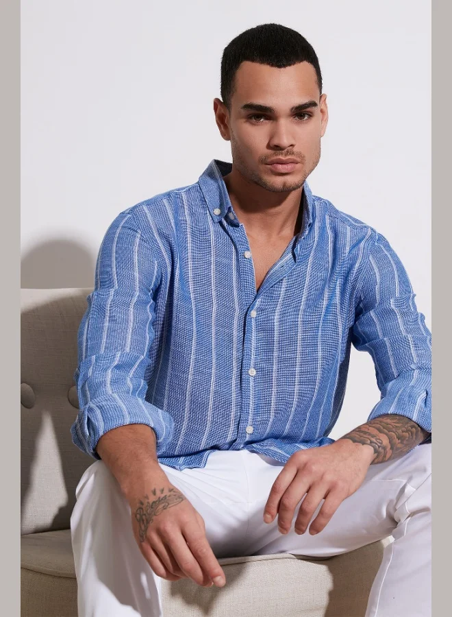 بوراتي قميص رجالي قطني مخطط بياقة قميص بأزرار بقصة عادية