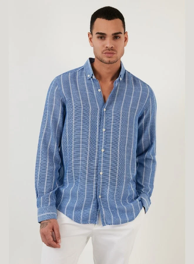 بوراتي قميص رجالي قطني مخطط بياقة قميص بأزرار بقصة عادية