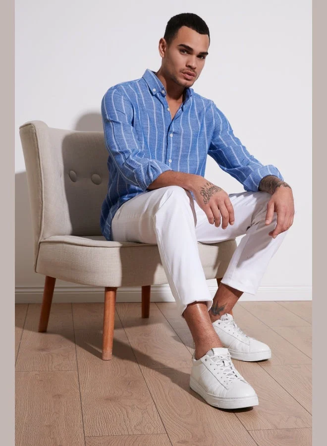 بوراتي قميص رجالي قطني مخطط بياقة قميص بأزرار بقصة عادية