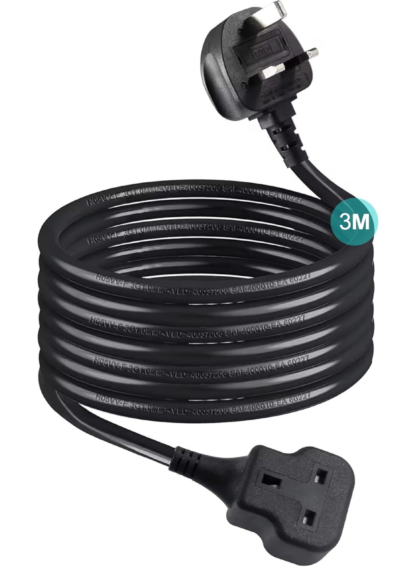 1 Way Extension Cord 3m Long &Thick Electric Cable Industrial Black Power Strip for Lengthen Power to Outdoor Garden/Indoor Utility Room/Workshop 13A 3250W 3m
