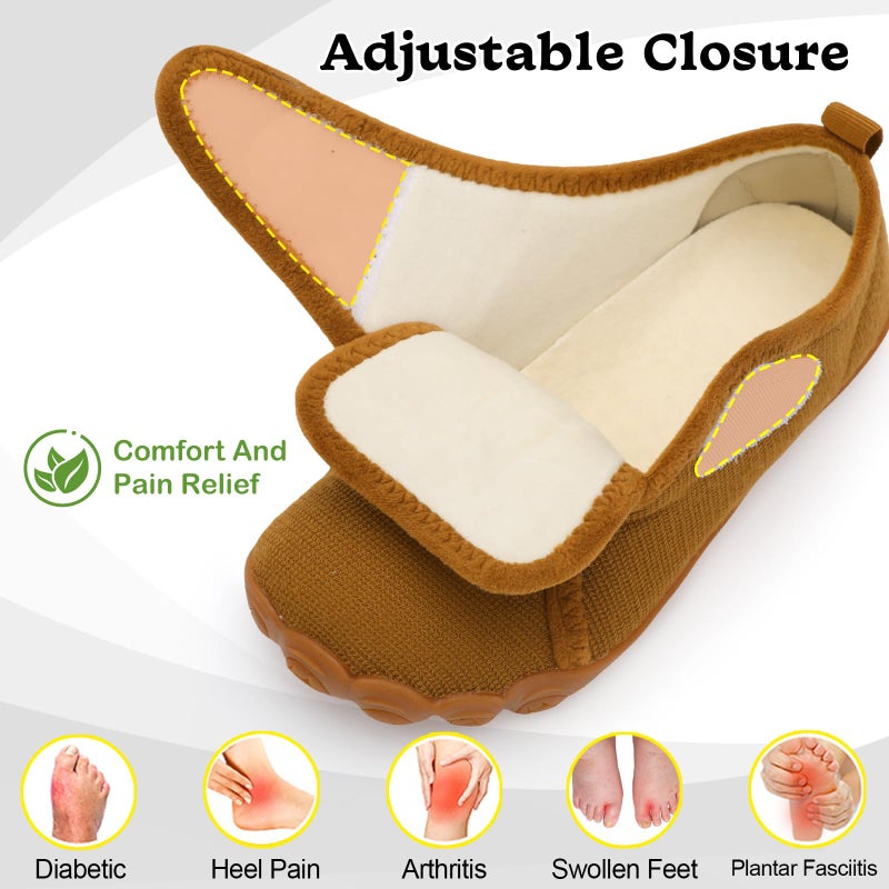 relxfeet Men's Slippers Wide Width Adjustable Orthopedic Diabetic House Shoes for Neuropathy Swollen Feet Relief Non-Slip Rubber Sole Indoor Outdoor (Brown, Size 11) - Image 4