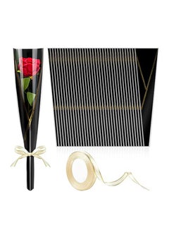 Apustim 50Pcs Single Rose Flower Set Plus A Plate Of 22m Ribbon Set，Flower Packaging Bag，Single Flower Packaging Bag，Suitable For Wedding，Birthday，Florist Supplies Mother's Day （Black）  - Image 1