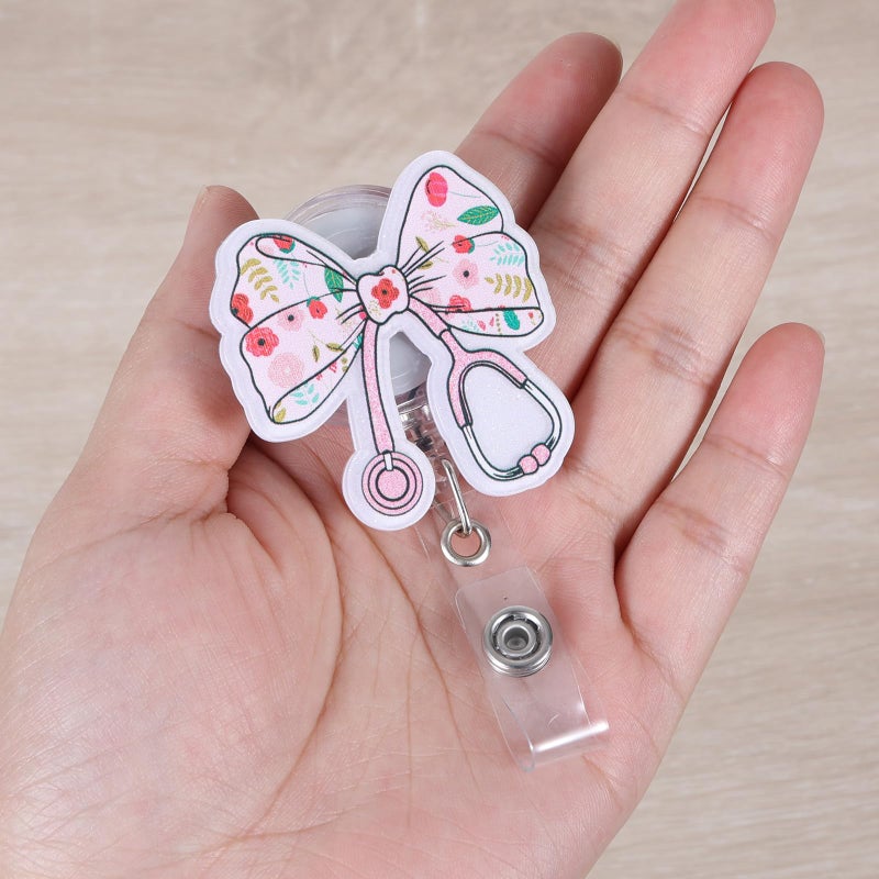 BVIIE Cute Floral Bow Dcotor Nurse Badge Reel | Retractable ID Card Stethoscope Badge Holder | Name Tag Medical Work Badge Clip for RN LPN CNA MA ER ED Night Shift Nurse Nursing Student Doctor Gifts - Image 2