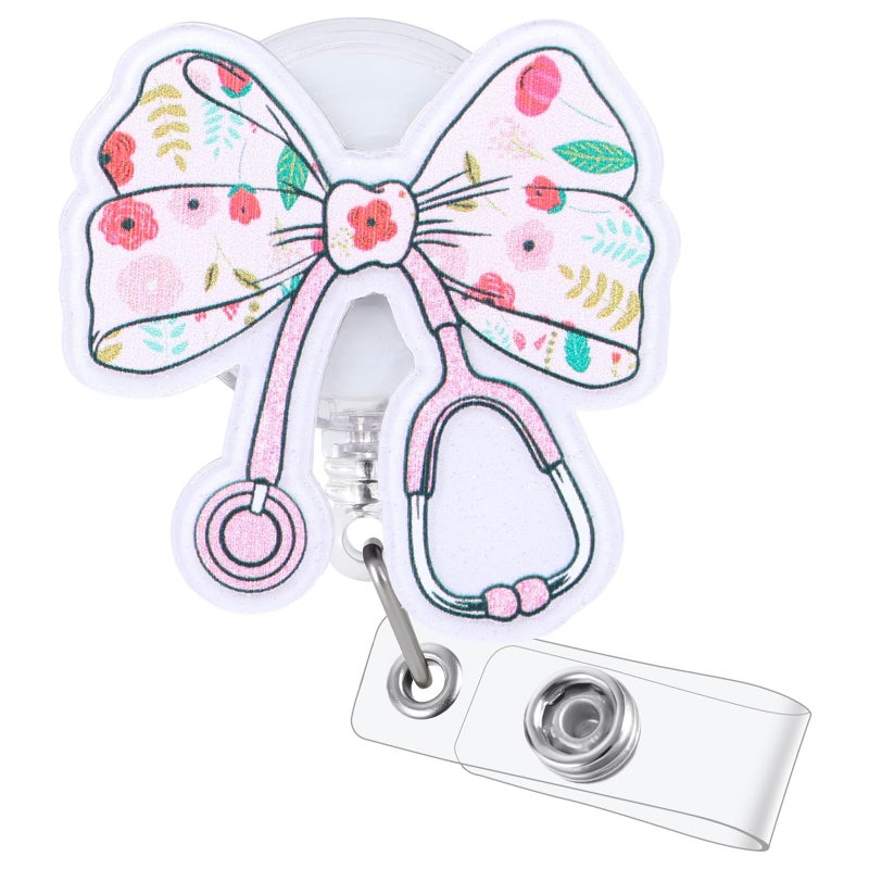 BVIIE Cute Floral Bow Dcotor Nurse Badge Reel | Retractable ID Card Stethoscope Badge Holder | Name Tag Medical Work Badge Clip for RN LPN CNA MA ER ED Night Shift Nurse Nursing Student Doctor Gifts - Image 1