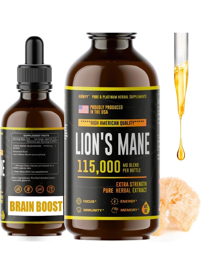 هيربفاي عرف الأسد - مكمل فطر عرف الأسد - صبغة عرف الأسد - دعم المناعة الطبيعية - صبغة عرف الأسد للذاكرة والتركيز والوضوح - مكمل الفطر اليومي - نباتي، عضوي - 4 أونصة سائلة - Image 1