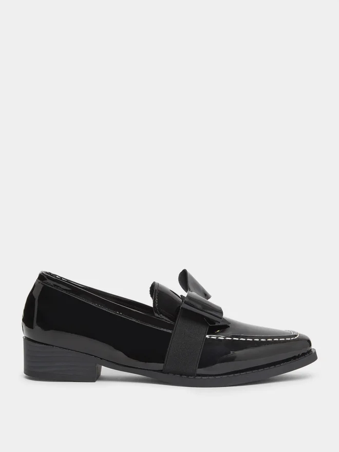 Take Two Solid Bow Detail Patent Leather Loafers