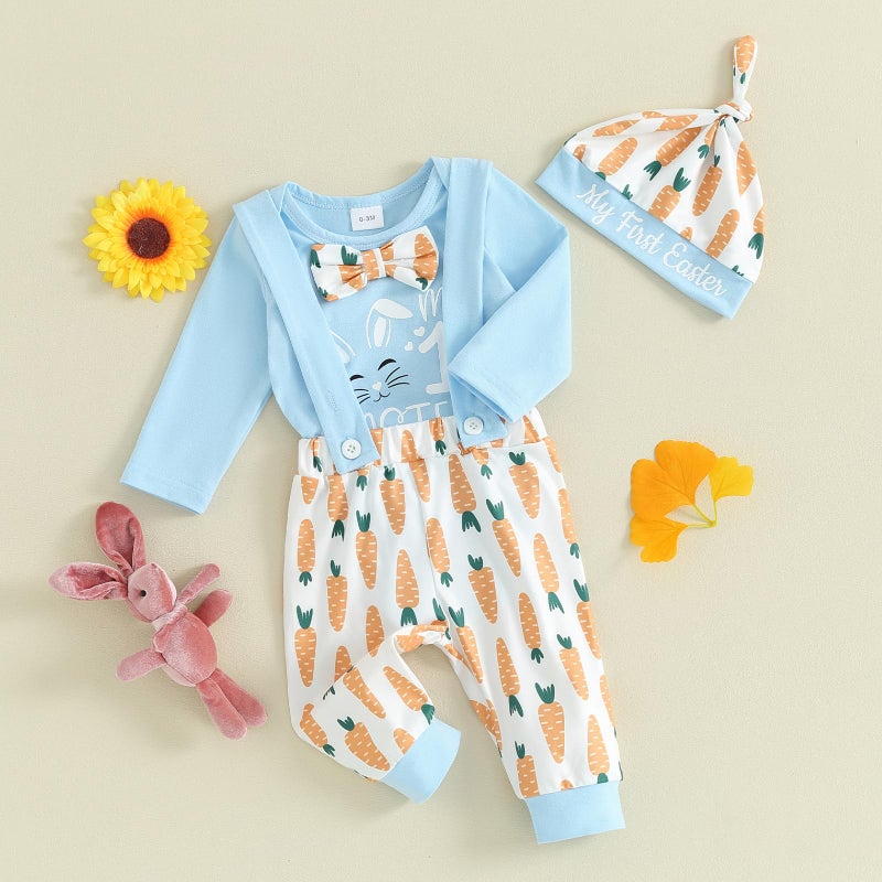 Frietlebird Newborn Baby Boy Easter Outfit Bunny Letter Long Sleeve Romper Suspender Pants Set My First Easter Coming Home Outfit (B-Blue,0-3 Months) - Image 2