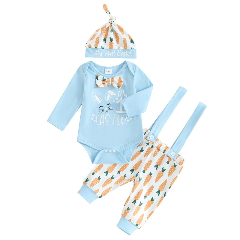 Frietlebird Newborn Baby Boy Easter Outfit Bunny Letter Long Sleeve Romper Suspender Pants Set My First Easter Coming Home Outfit (B-Blue,0-3 Months) - Image 1