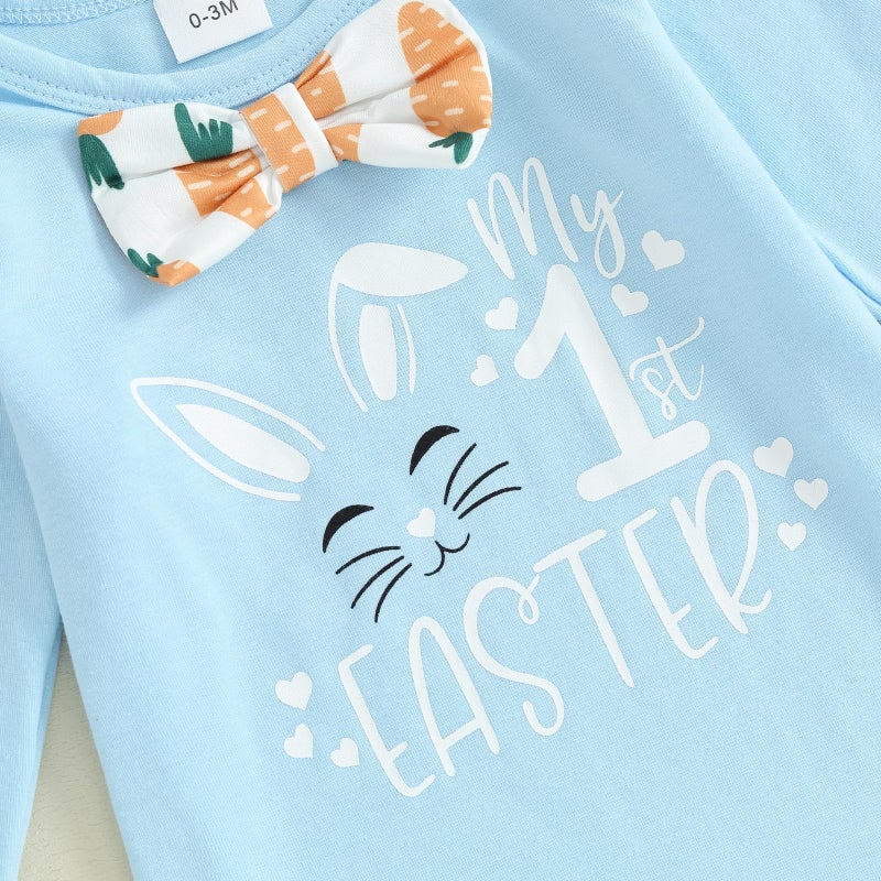 Frietlebird Newborn Baby Boy Easter Outfit Bunny Letter Long Sleeve Romper Suspender Pants Set My First Easter Coming Home Outfit (B-Blue,0-3 Months) - Image 4