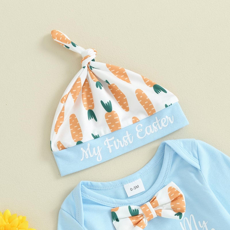 Frietlebird Newborn Baby Boy Easter Outfit Bunny Letter Long Sleeve Romper Suspender Pants Set My First Easter Coming Home Outfit (B-Blue,0-3 Months) - Image 3