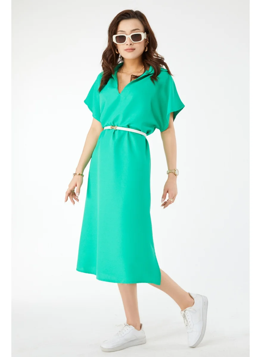Tofisa 24442-GREEN V Neck Zero Sleeve Dress