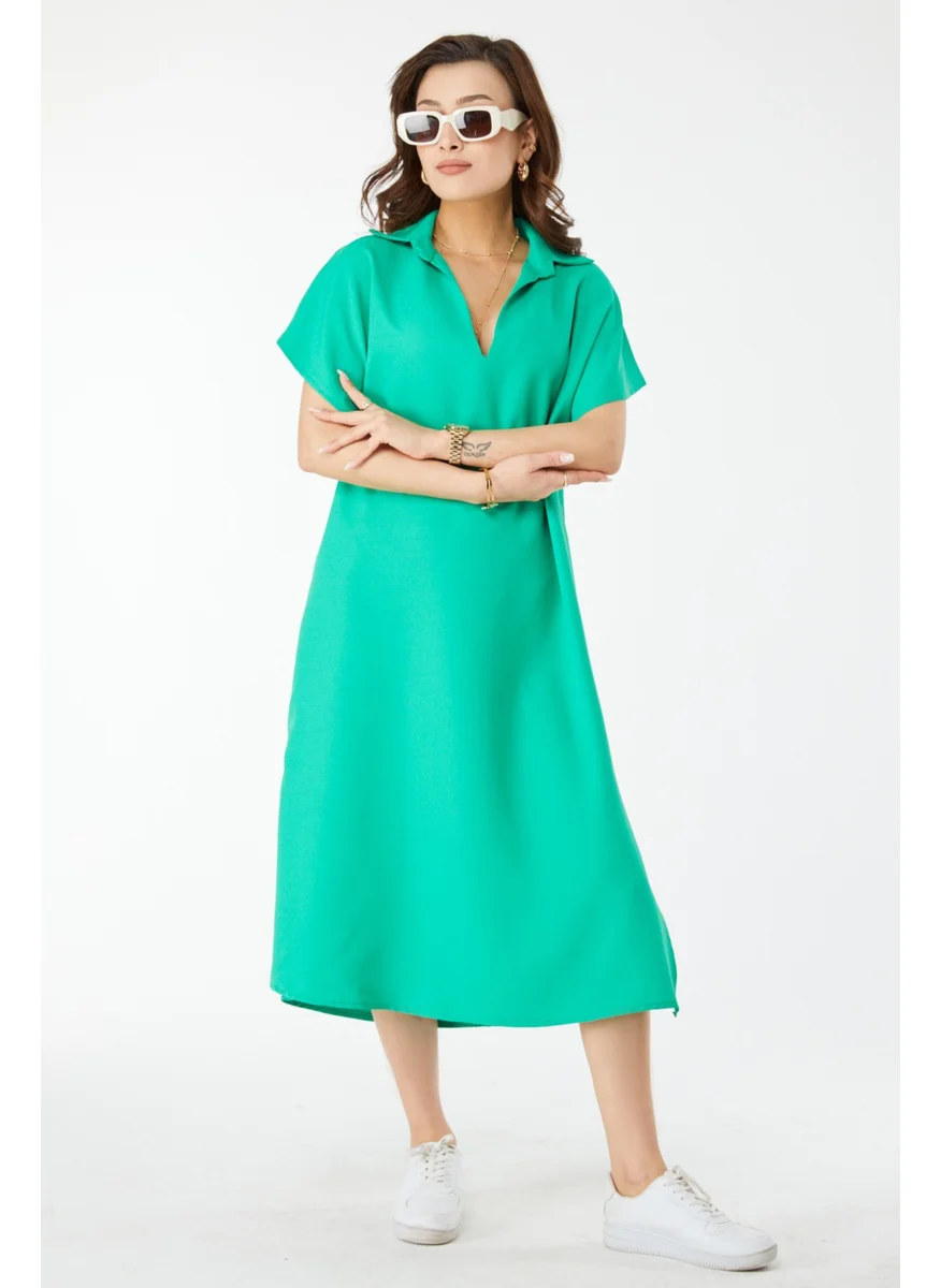 Tofisa 24442-GREEN V Neck Zero Sleeve Dress