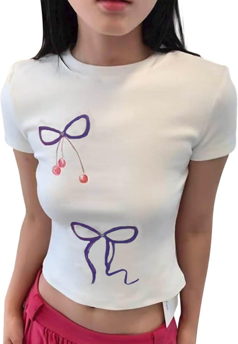 2024 new summer t-shirtT shirt Y2K short high waist pants slim slim foreign style coat a generation of hair two bows