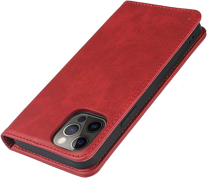 iCoverCase for iPhone 12/12 Pro Wallet Case with Card Holder, PU Leather Magnetic Kickstand Feature Shockproof Protective Flip Cover Case - Red - Image 4