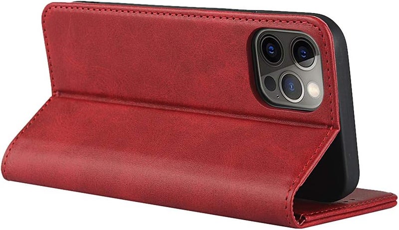 iCoverCase for iPhone 12/12 Pro Wallet Case with Card Holder, PU Leather Magnetic Kickstand Feature Shockproof Protective Flip Cover Case - Red - Image 3