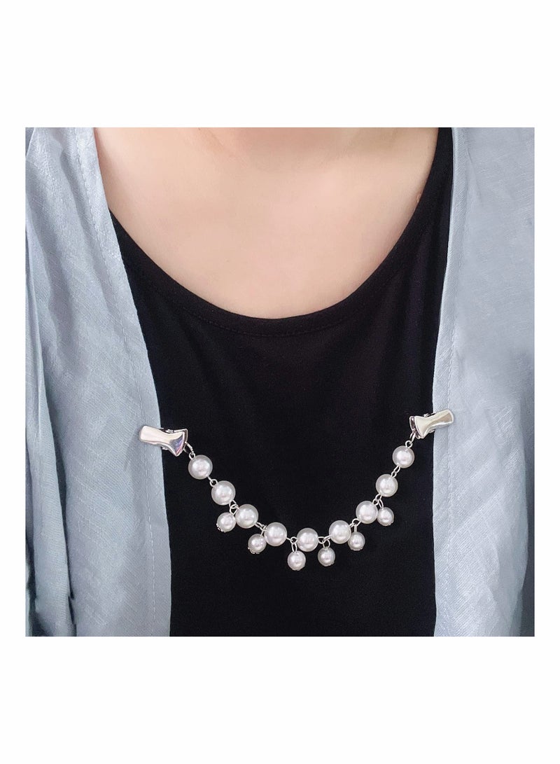SYOSI Brooches for Women Fashion Pearl Cardigan Clips for Sweater Brooch with RhinestonesVintage Brooch Sweater Clip Batch Shoulder Jacket Clip Pearl Buttonless Sweater Chain 2 Pcs - Image 2