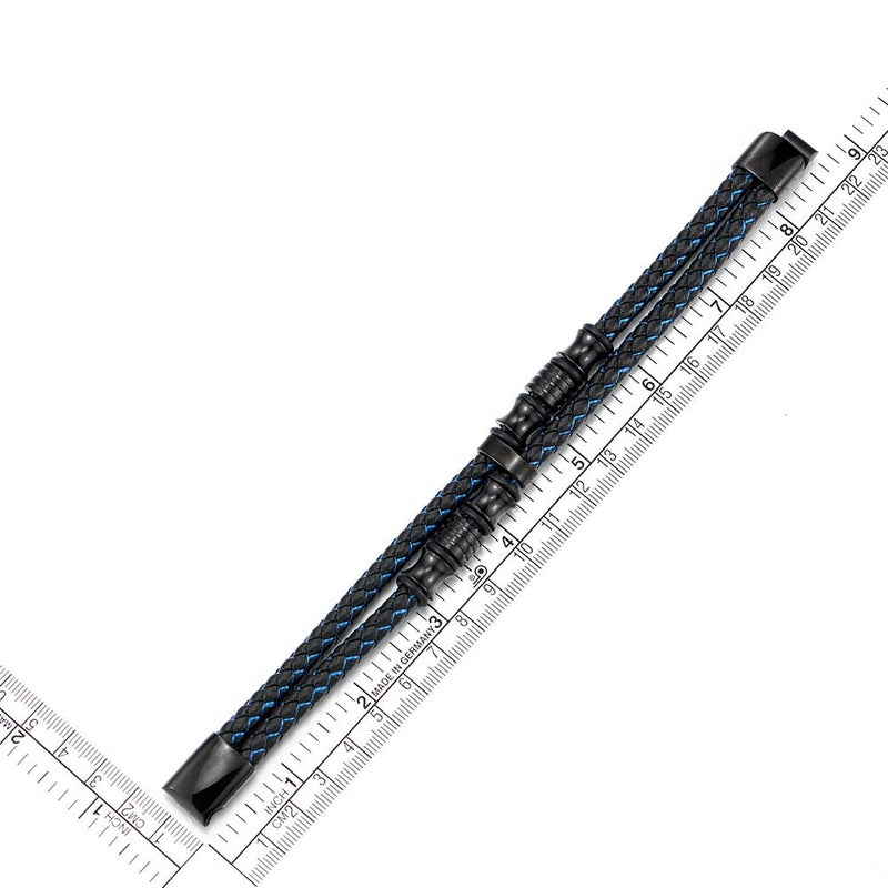 COOLSTEELANDBEYOND 8.5" Mens Double-Row Black Blue Braided Leather Bracelet Bangle Wristband with Black Stainless Steel Ornaments - Image 4