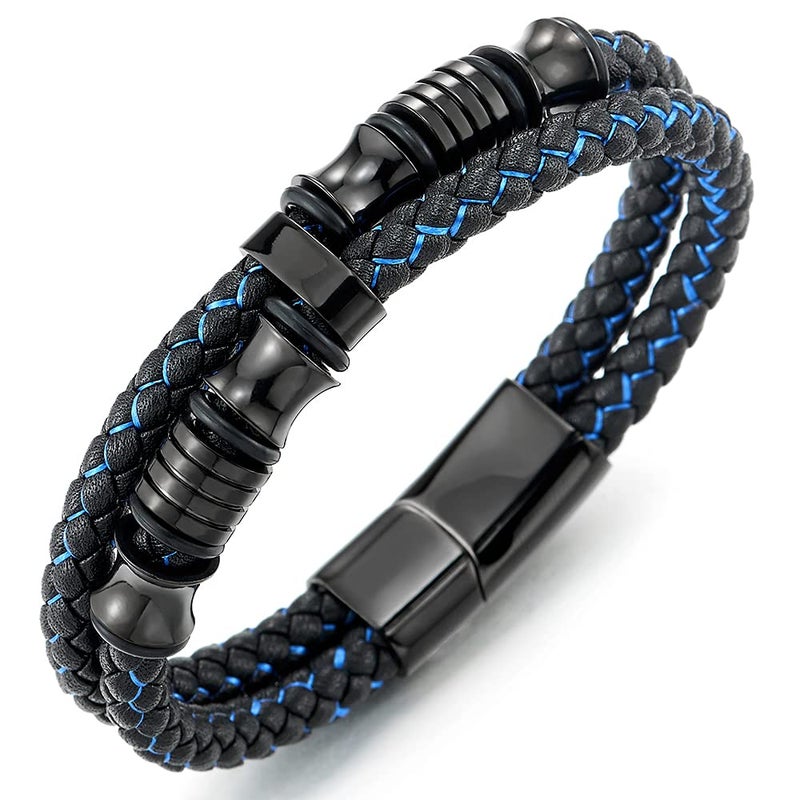 COOLSTEELANDBEYOND 8.5" Mens Double-Row Black Blue Braided Leather Bracelet Bangle Wristband with Black Stainless Steel Ornaments - Image 1