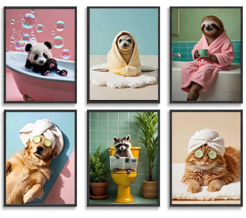 LOARTVE Funny Animals Bathroom Wall Art Prints Set of 6 Funky Animal Bathtub Toilet Wall Decor Pictures Whimsical Bathroom Posters Restroom Decoration Unframed 8x10in - Image 1