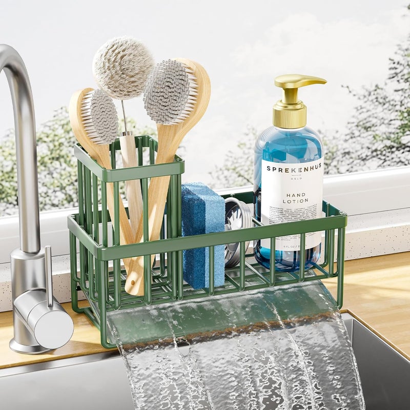 Kitsure Sponge Holder for Kitchen Sink - Rustproof Stainless Steel Sink Caddy Organization and Storage Essentials with High Brush Holder, Home Decor Accessories, 7.9" x 3.7" x 6.2", Sage Green - Image 1