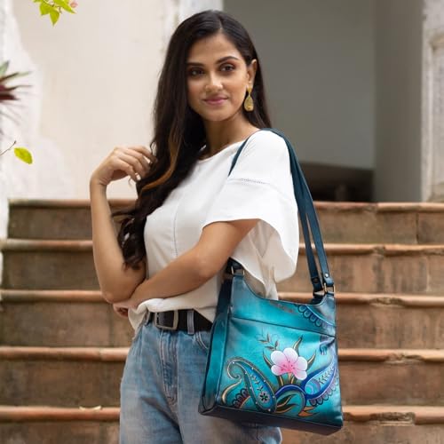 Anna by Anuschka womens Anna Anuschka, Handpainted Medium Hobo, Denim Paisley Floral Satchel Handbag Genuine Leather, Denim Paisley Floral, One Size US - Image 2