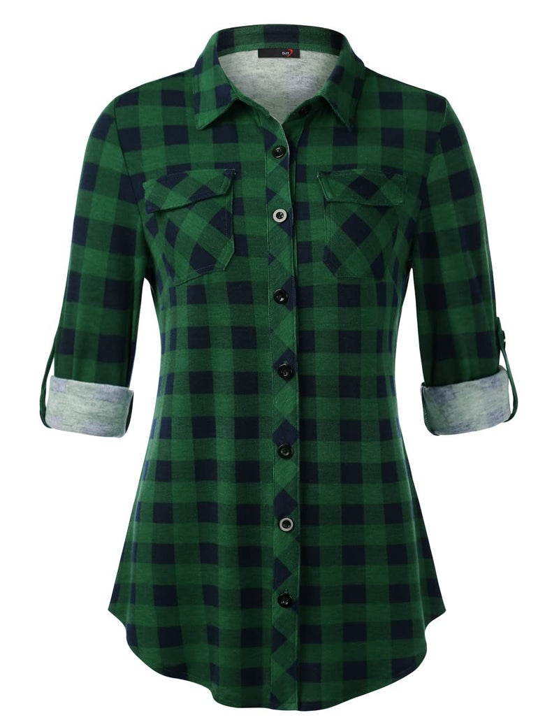 DJT Womens Soft Stretchy Knit Plaid Shirts Roll Up Long Sleeve Collared Button Down Blouses Tops Medium Green Plaid - Image 1