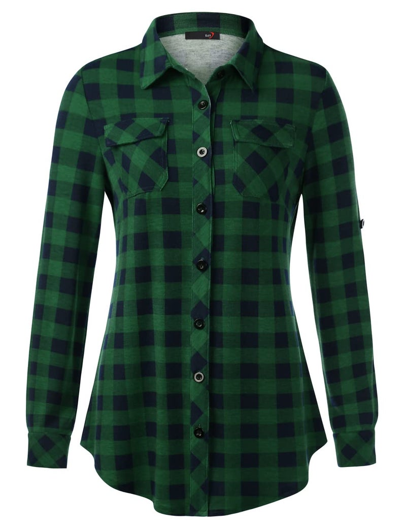 DJT Womens Soft Stretchy Knit Plaid Shirts Roll Up Long Sleeve Collared Button Down Blouses Tops Medium Green Plaid - Image 2