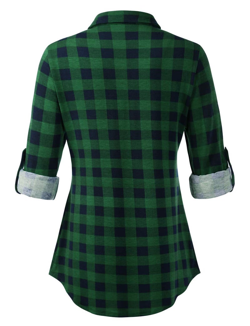 DJT Womens Soft Stretchy Knit Plaid Shirts Roll Up Long Sleeve Collared Button Down Blouses Tops Medium Green Plaid - Image 3
