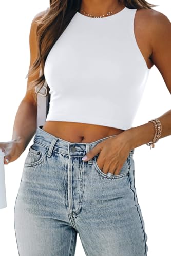EFAN Womens Sexy Sleeveless High Neck Crop Tops Workout Cute Racerback Cropped Tank Tops Summer Clothes Teen Girls White S - Image 1